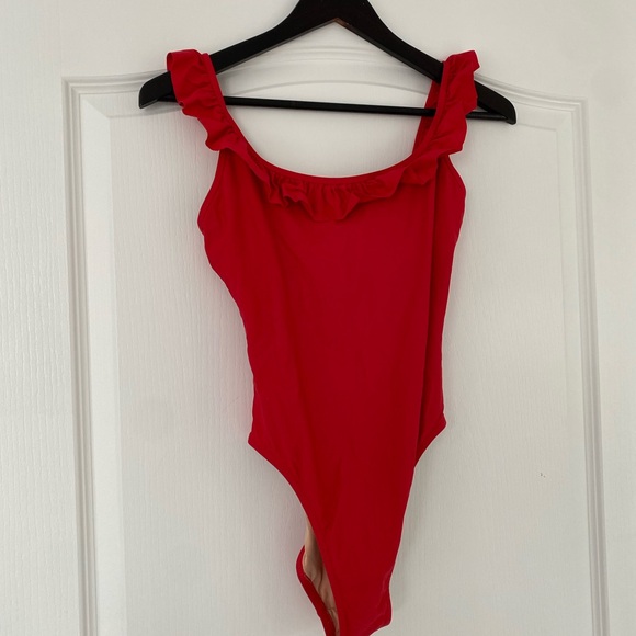 J. Crew Red Ruffle Scoop Back One Piece Swimsuit - Picture 2 of 4